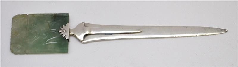 Appraisal: C YAMANKA STERLING JADE LETTER OPENER BOOKMARK Exceptional Sterling and