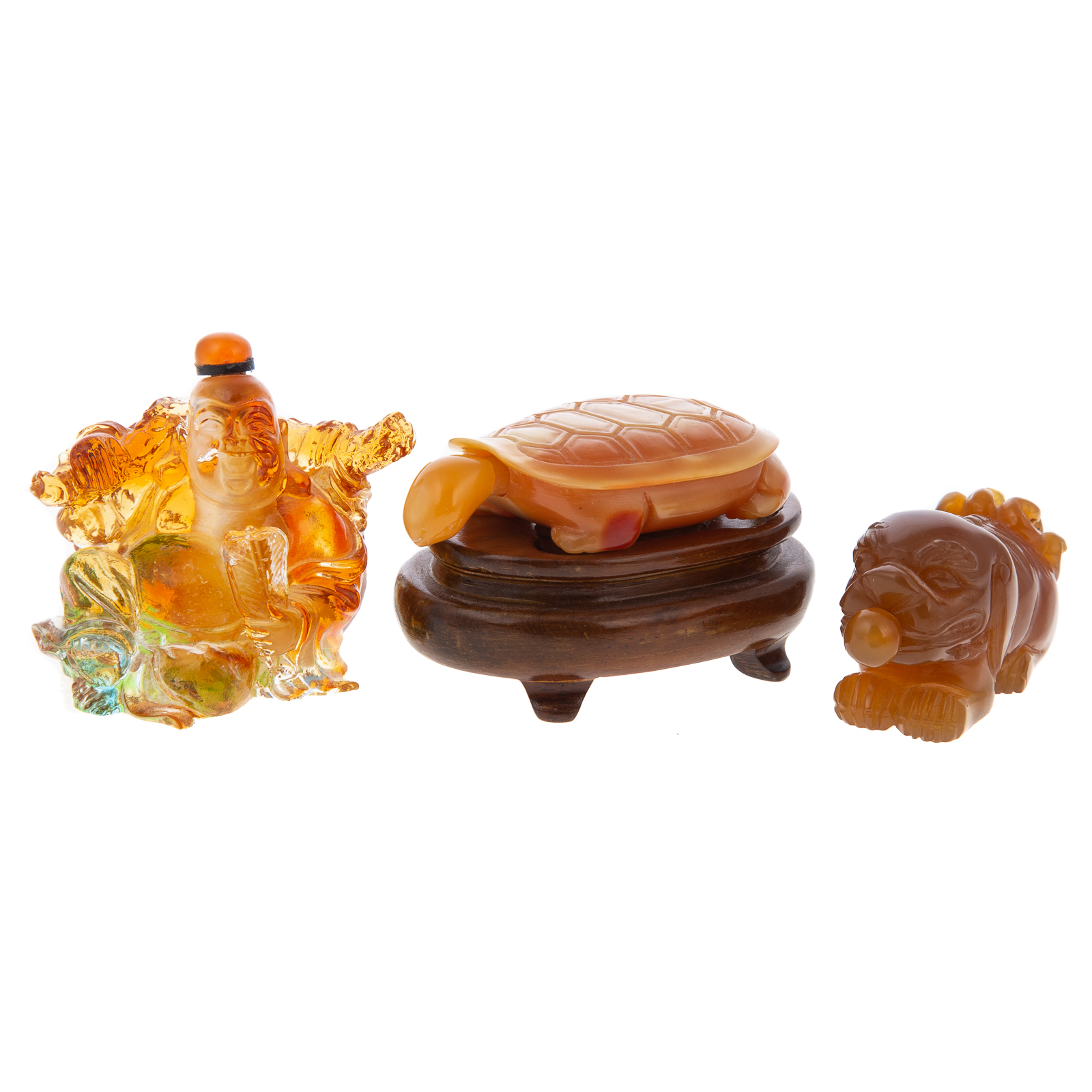 Appraisal: THREE CHINESE FIGURAL SNUFF BOTTLES th century carved amber crystal