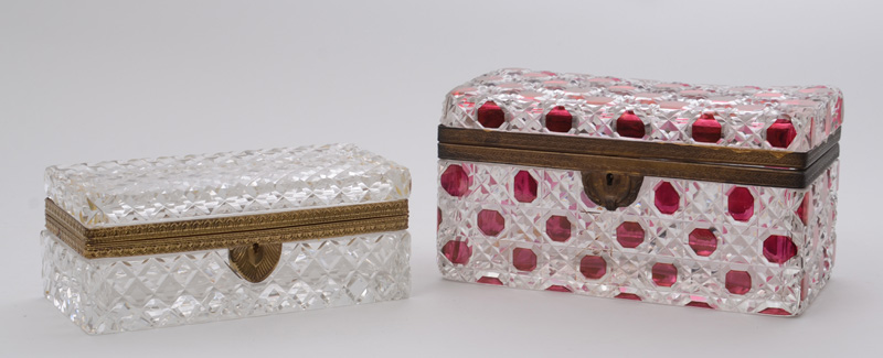 Appraisal: TWO FRENCH GILT-METAL-MOUNTED CUT-GLASS BOXES The larger with ruby octagons