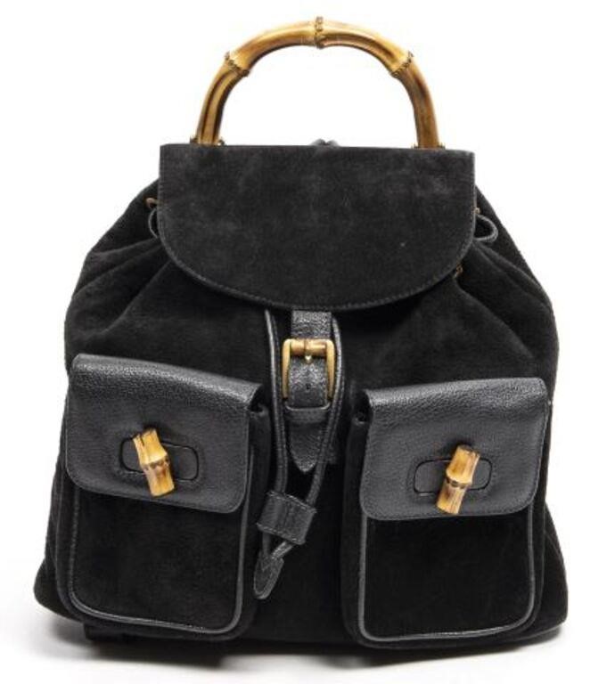 Appraisal: Gucci bamboo backpack in black suede with gold-tone hardware single