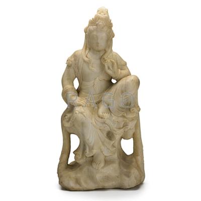 Appraisal: CHINESE MARBLE SCULPTURE Guanyin seated on rock formation th c