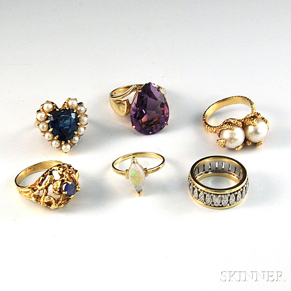 Appraisal: Five kt Gold Gem-set Rings including pearl opal amethyst and