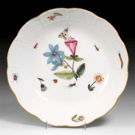 Appraisal: ROUND DISH WITH HOLZSCHNITTBLUMEN Meissen mid th century Painted with