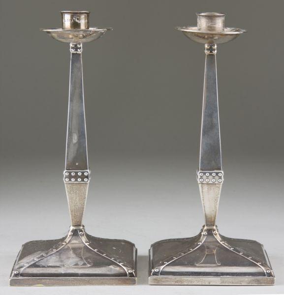 Appraisal: Pair English Arts Crafts Sterling Candlesticks fully hallmarked for Sheffield