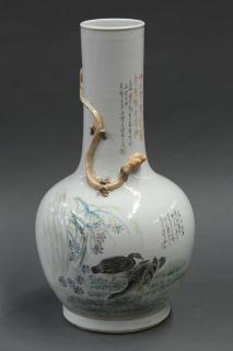 Appraisal: Chinese Porcelain Sick Neck Vase Ducks Chinese enameled porcelain stick