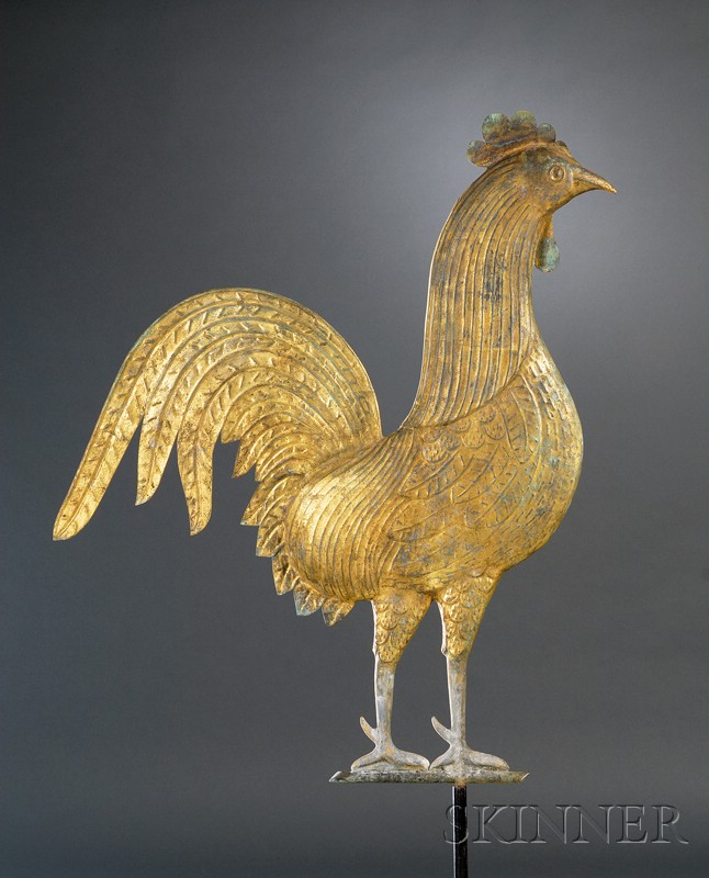 Appraisal: Large Molded and Gilded Sheet Copper Rooster Weather Vane attributed