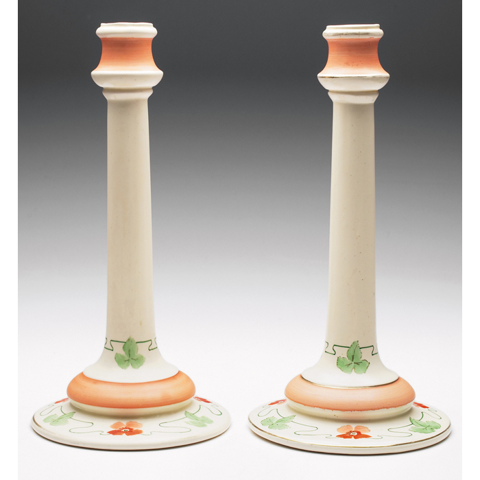 Appraisal: Roseville candlesticks pair large forms with painted stylized poppy designs