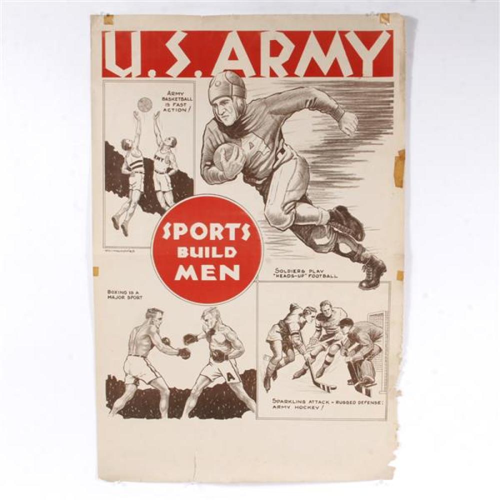 Appraisal: VINTAGE WWII U S ARMY PATRIOTIC LITHOGRAPH POSTER 'SPORTS BUILD