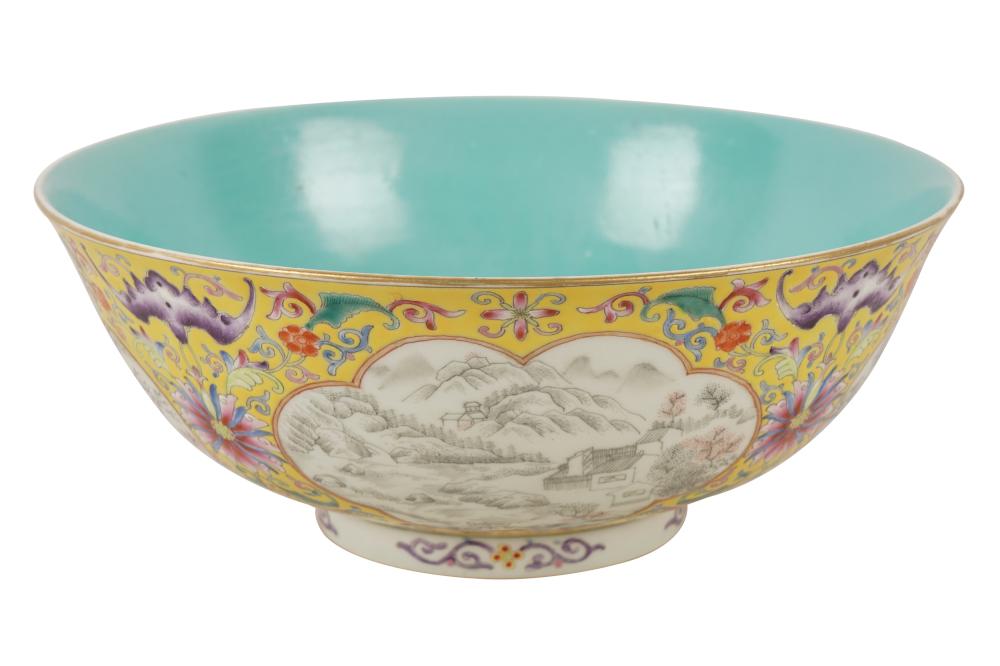 Appraisal: CHINESE YELLOW-GROUND PORCELAIN BOWLblue mark to underside inches wide inches