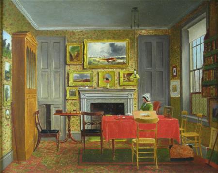 Appraisal: FOLLOWER OF JOSEPH NASH INTERIOR SCENE WITH PAINTINGS Oil on