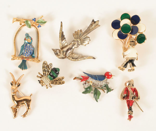 Appraisal: Vintage enamel and sterling figural costume jewelry pins pc assortment