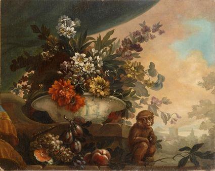 Appraisal: CONTINENTAL SCHOOL STILL LIFE WITH FLORAL BOUQUET AND GRINNING MONKEY