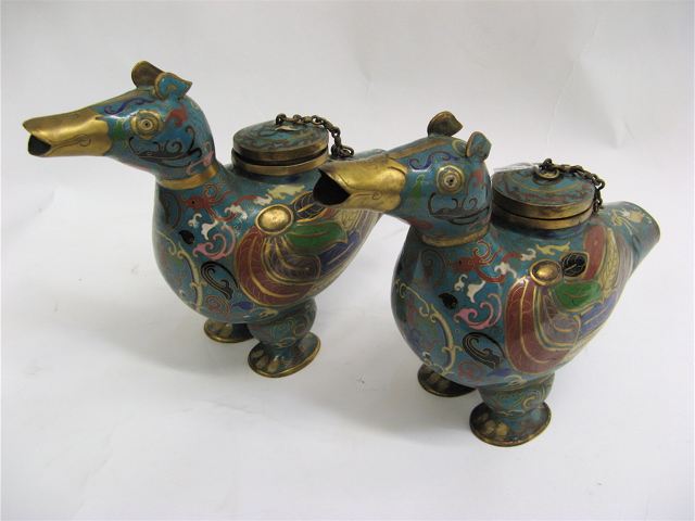 Appraisal: PAIR CHINESE CLOISONNE FIGURAL VESSELS in the form of mythological