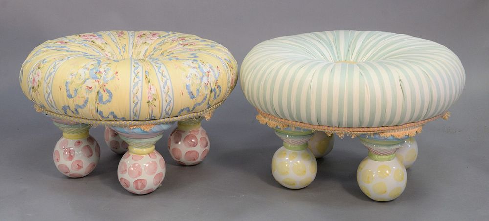 Appraisal: Two yellow and green Mackenzie Childs tuffet footstool ottomans with