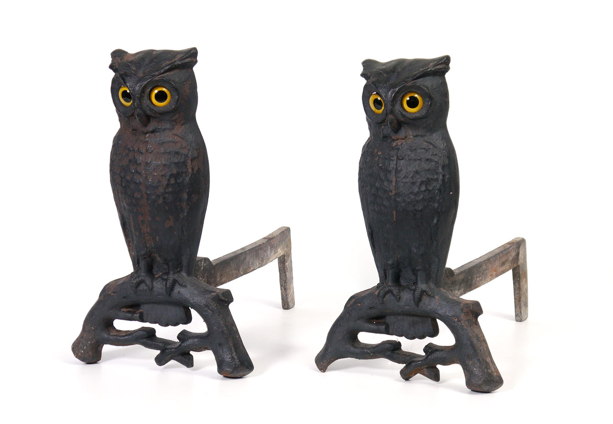 Appraisal: PAIR CAST IRON OWL ANDIRONS With yellow glass eyes marked