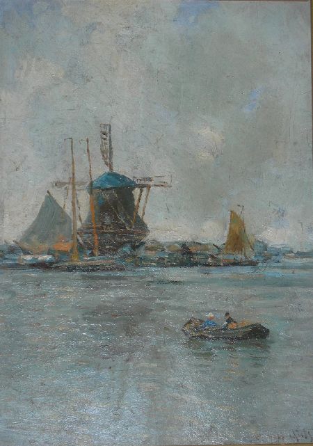 Appraisal: P VAN HULS A HARBOUR LANDSCAPE WITH A WINDMILL Signed