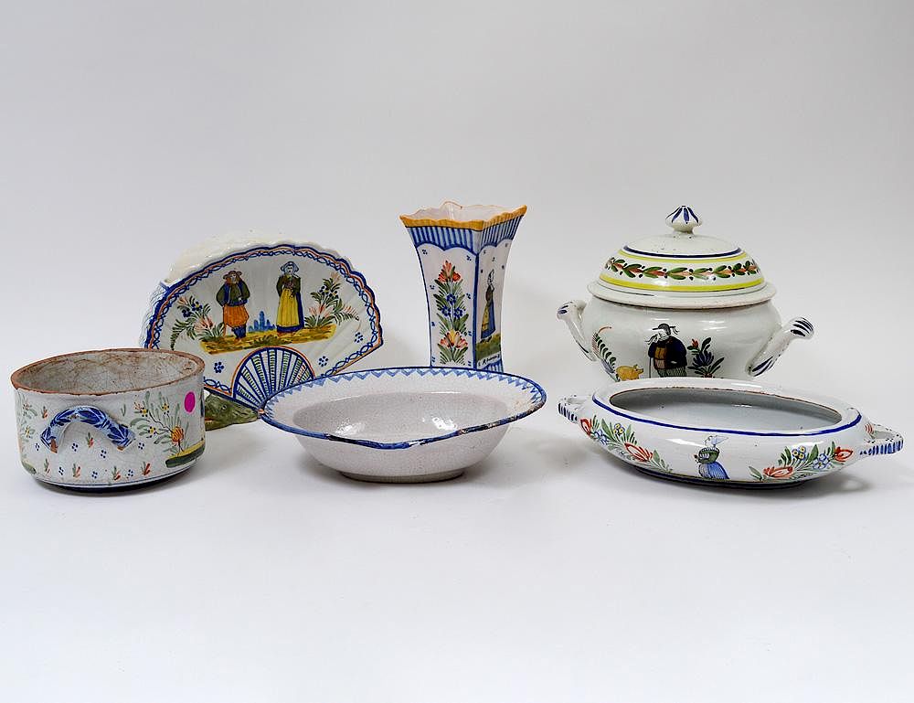 Appraisal: GROUP OF SIX QUIMPER QUIMPER STYLE FAIENCE ARTICLES French Comprising