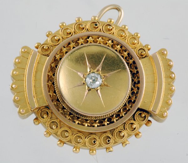 Appraisal: Victorian Etruscan pendant with diamond mm x mm Fan shaped