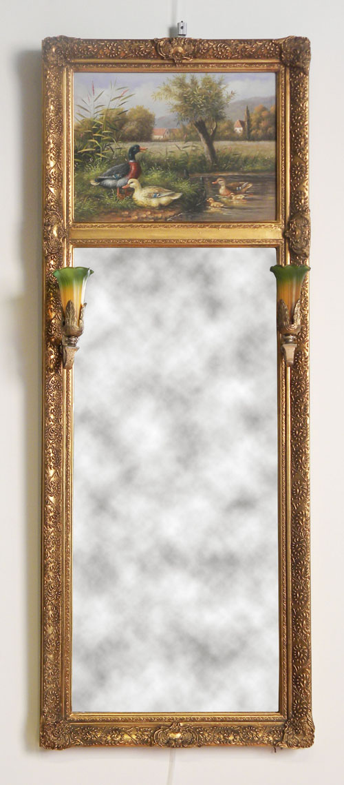 Appraisal: Gilt mirror with oil on board tympanum and two sconces