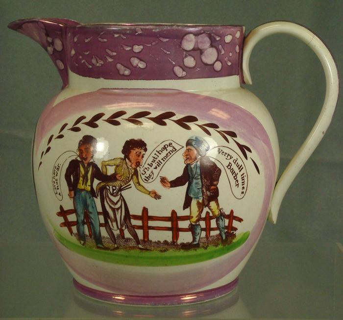 Appraisal: Sunderland pink luster Iron Bridge pitcher political satirical scene Let's