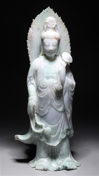 Appraisal: Large Chinese carved jadeite Guanyin holding ruyi scepter some lavender