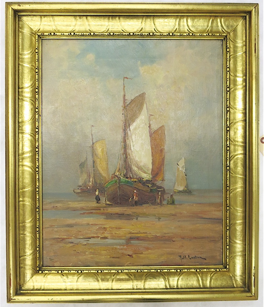 Appraisal: ROBERT EASTER OIL ON CANVAS beached fishing boat with figures