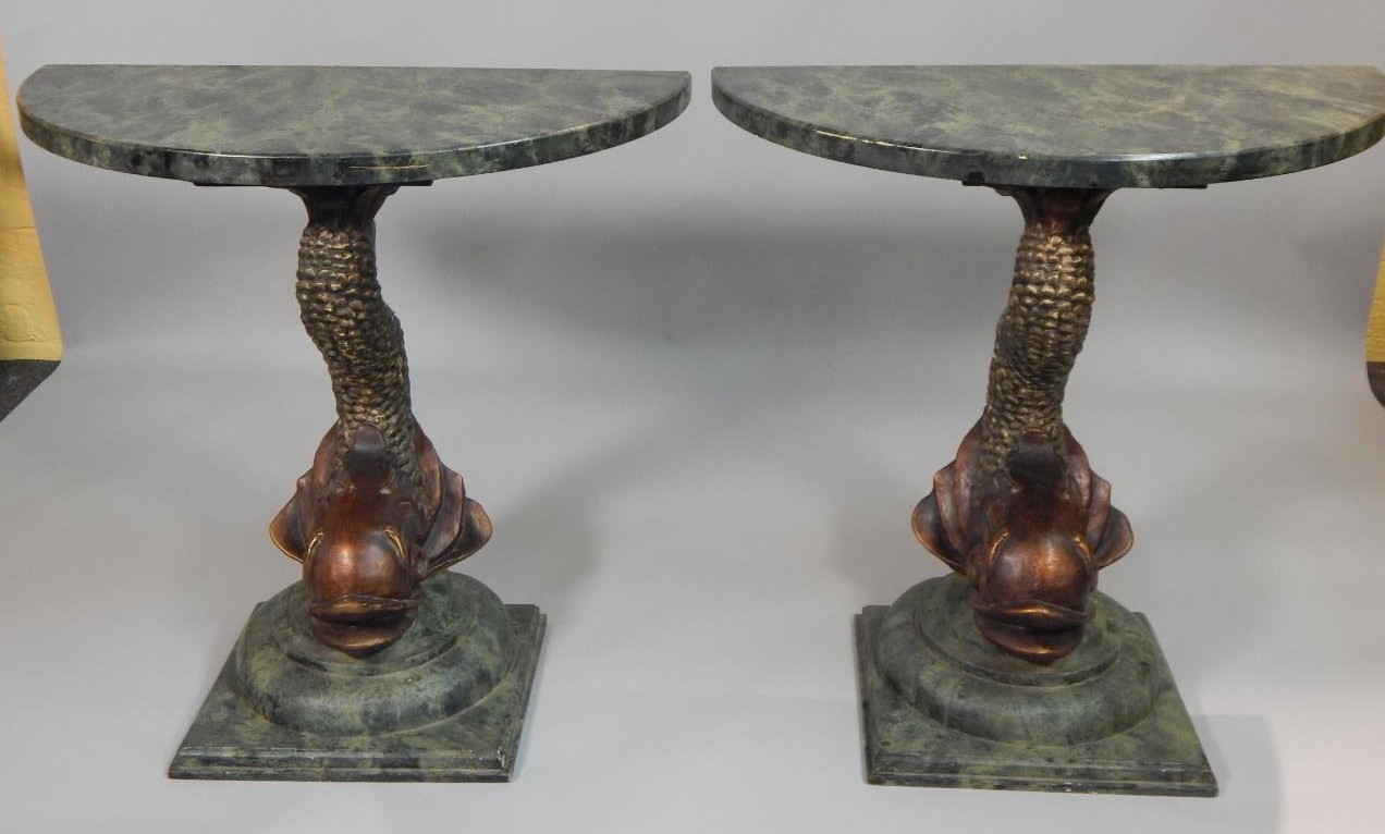 Appraisal: A pair of Continental style console tables each painted to