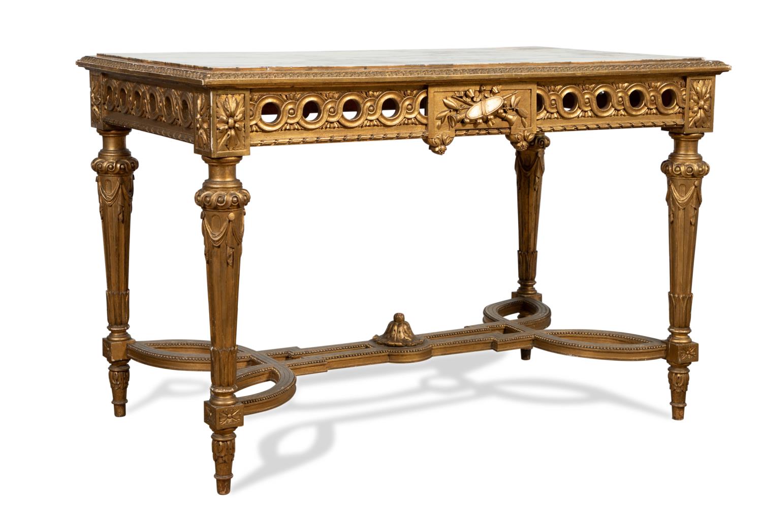 Appraisal: LOUIS XVI STYLE MARBLE TOP GILTWOOD CENTER TABLE Likely French