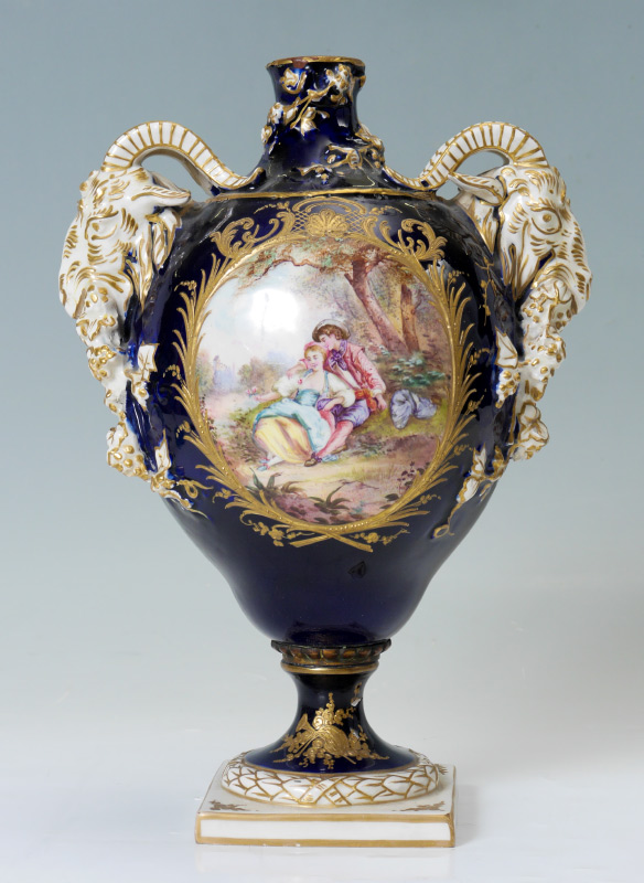 Appraisal: SEVRES RAMS HEAD VASE In unfortunate condition and sold as-is