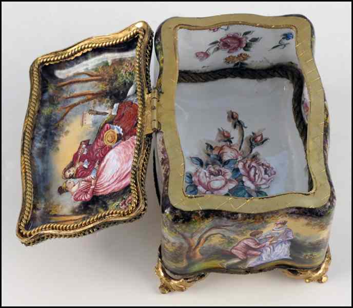 Appraisal: CONTINENTAL ENAMEL BOX Depicting courting couples on all five sides