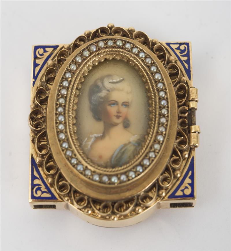 Appraisal: k Yellow Gold Watch-Pin Antique-style with a portrait miniature of