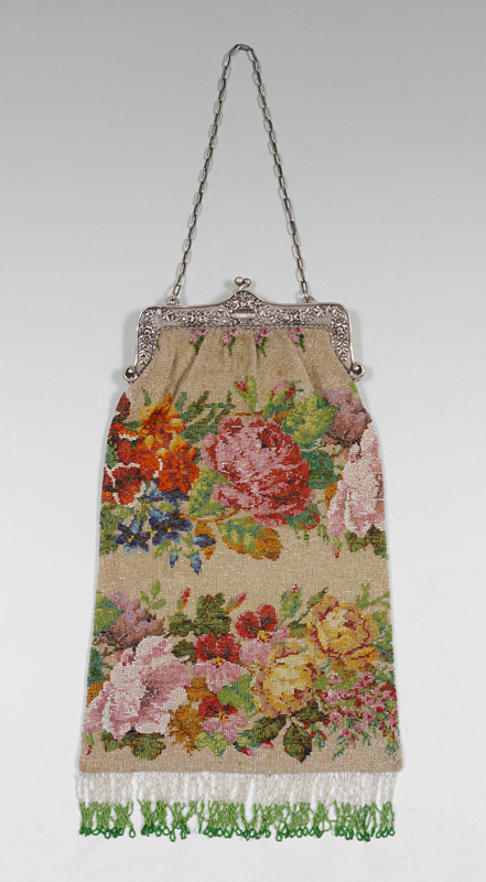 Appraisal: VINTAGE SILVER FRAMED BEADED PURSE Extra deep brightly colored floral