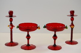 Appraisal: PAIR OF RUBY GLASS CANDLE STICKS AND MATCHING COMPORTS A