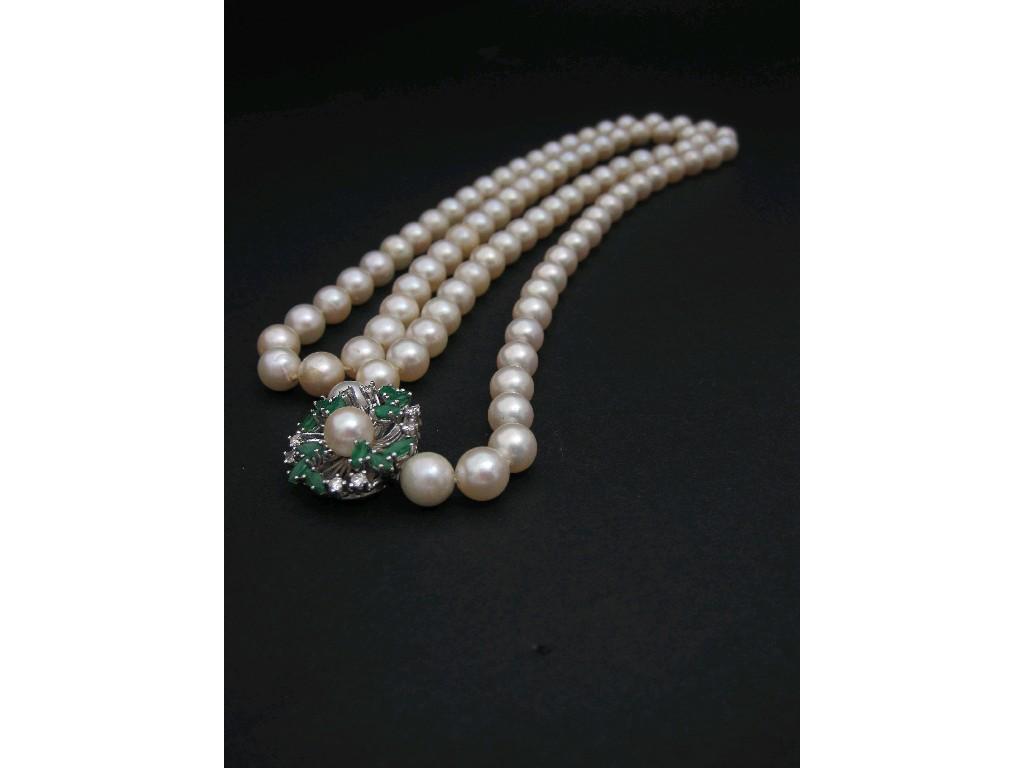 Appraisal: An Opera length string of cultured Pearls on emerald and