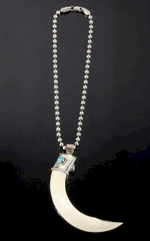 Appraisal: Navajo Wild Boar Tusk Silver Turquoise Necklace For sale in