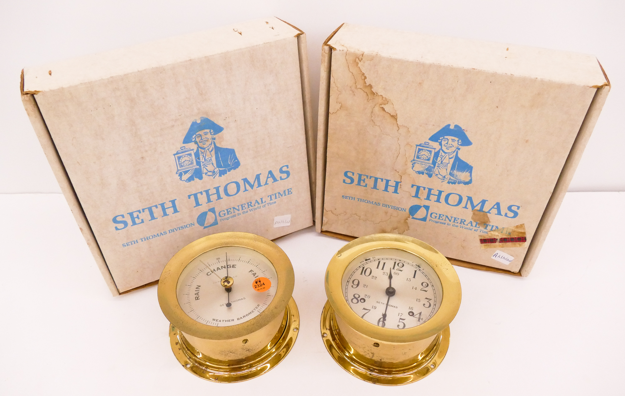 Appraisal: pc Seth Thomas Brass Ships Clock Barometer Set w Boxes-