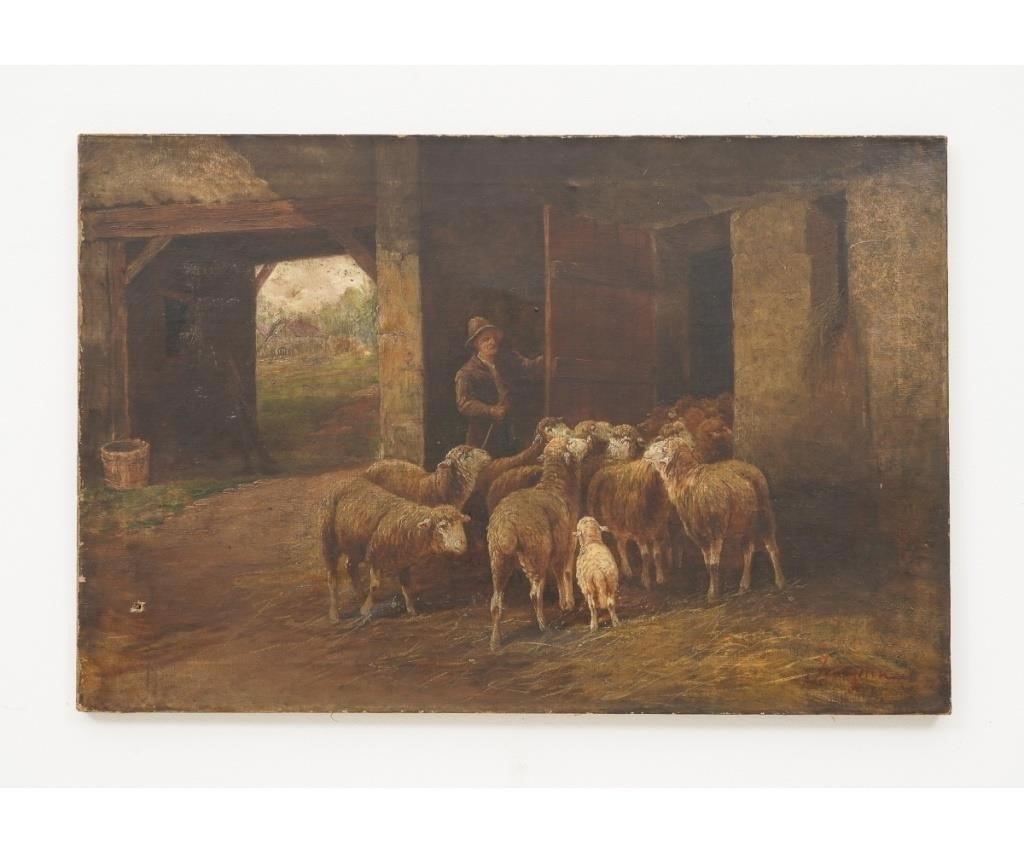 Appraisal: Unframed oil on canvas of sheep and herder in barn