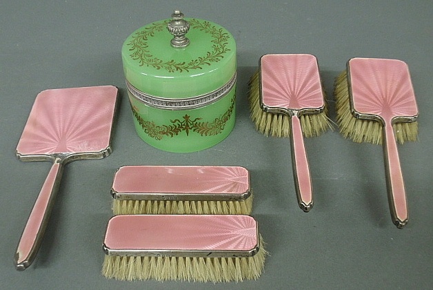 Appraisal: - English silver and enameled dresser set tog with a