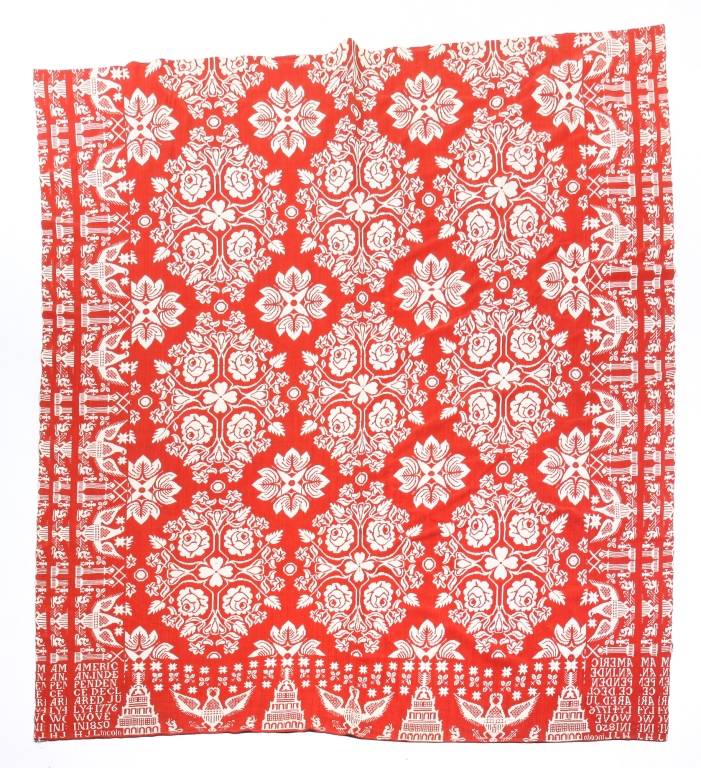 Appraisal: AMERICAN JACQUARD COVERLET Wool and cotton two piece in red