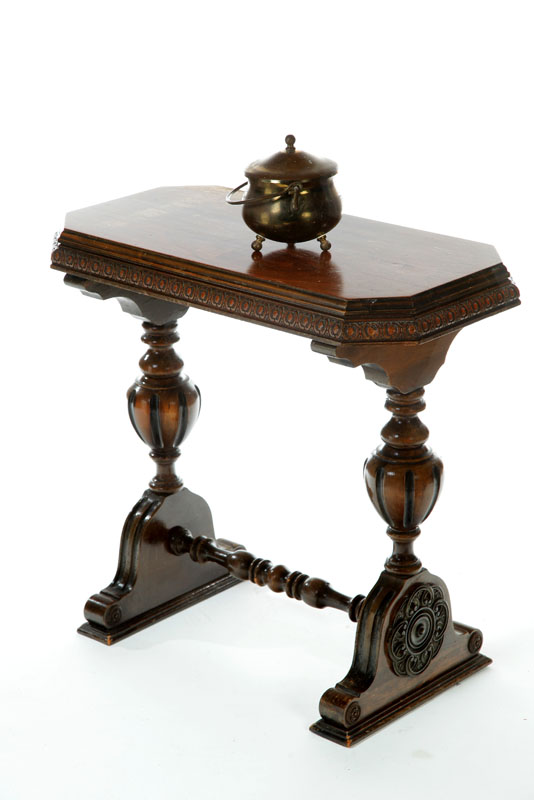 Appraisal: JACOBEAN-STYLE SIDE TABLE AND BRASS KETTLE Twentieth century Includes a