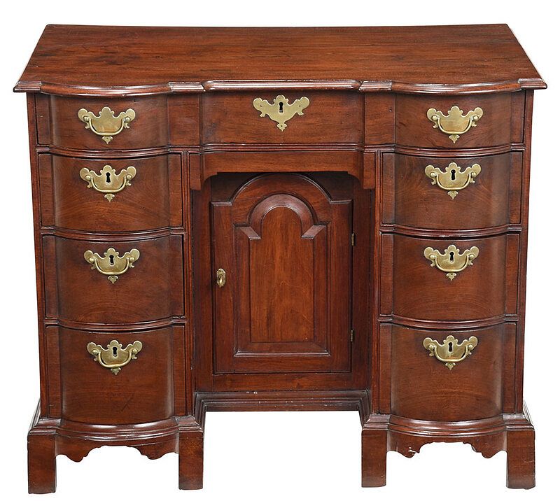 Appraisal: Fine Figured Mahogany Block Front Kneehole Bureau Massachusetts - finely