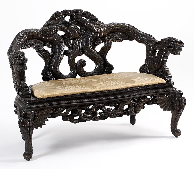 Appraisal: DRAGON-CARVED LOVE SEAT Taisho PeriodWith double dragon and pearl back