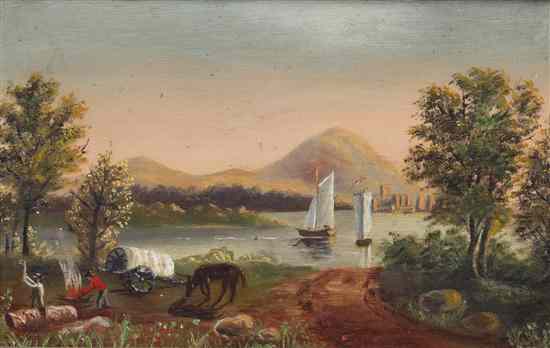 Appraisal: American School th century Camp Along the River oil on