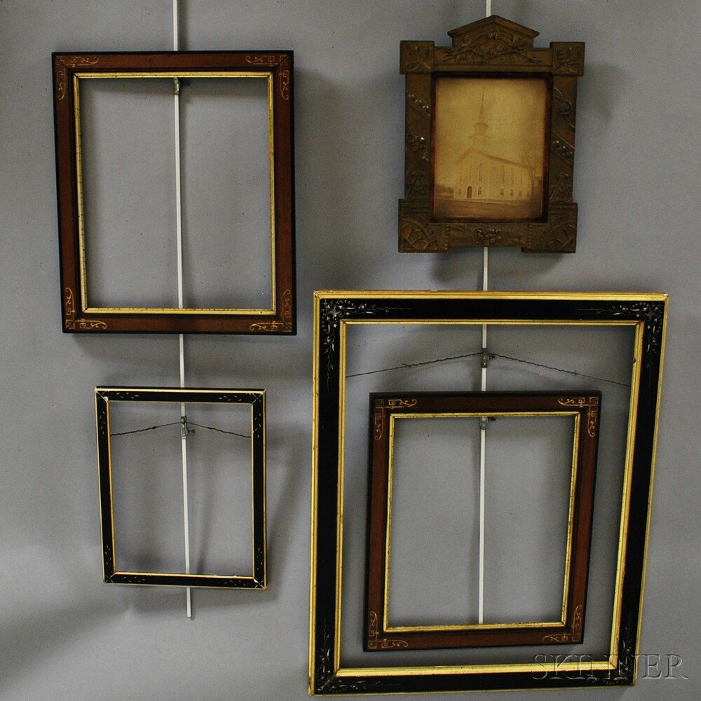 Appraisal: Five Carved Aesthetic Frames four with foliate scratch-carved decoration two