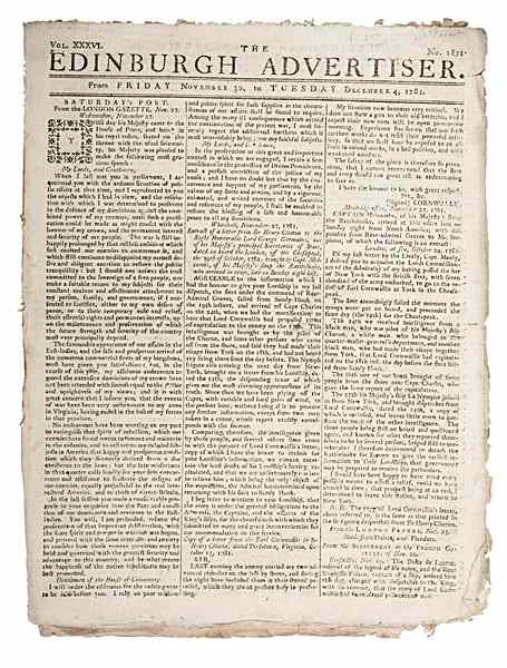 Appraisal: NEWSPAPER Revolutionary War Edinburgh Advertiser with News on the Battle