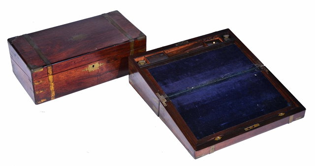 Appraisal: A PAIR OF VICTORIAN ROSEWOOD AND BRASS BOUND TRAVELLING WRITING