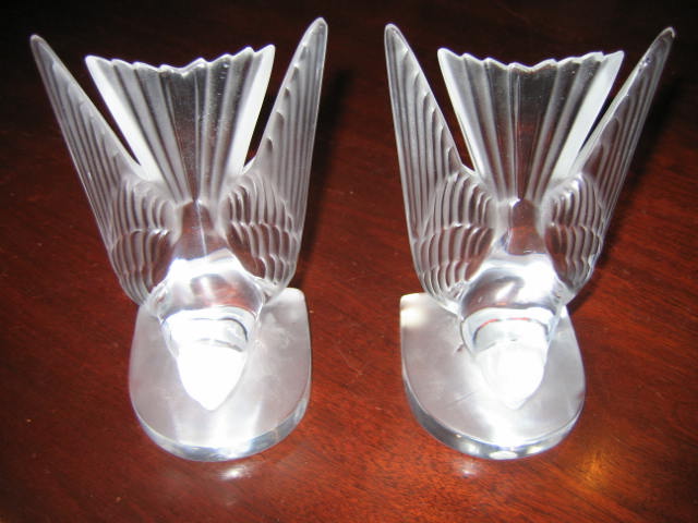 Appraisal: LALIQUE FRANCE Pair of clear to frosted glass HIRONDELLE SWALLOW