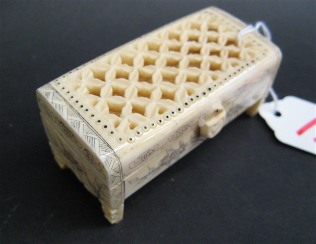 Appraisal: IVORY HAND CARVED ASIAN CRICKET BOX having pierced hinged cover