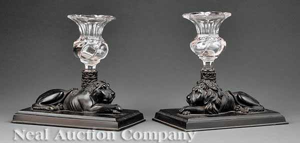 Appraisal: A Pair of Patinated Bronze and Glass Garniture Vases mid-