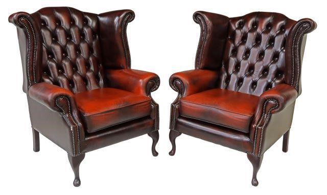 Appraisal: pair English Queen Anne style leather wingback armchairs by ICON